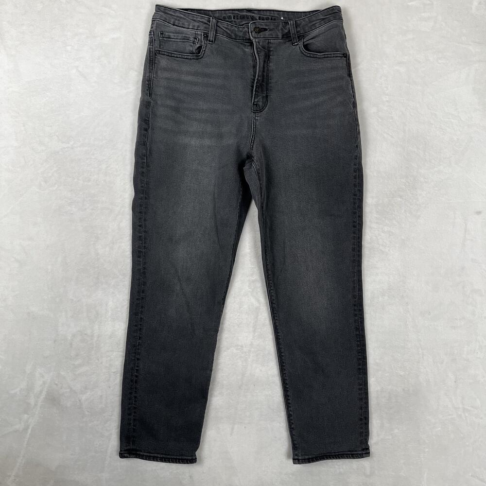 American Eagle Mom Jeans Womens 12 Gray Charcoal High Rise Relaxed Stretch Denim